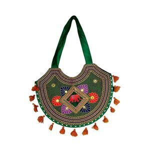 Boho Embroidered Green Tote Shoulder Bag Indian Elephant Unique Festival 17x10x0